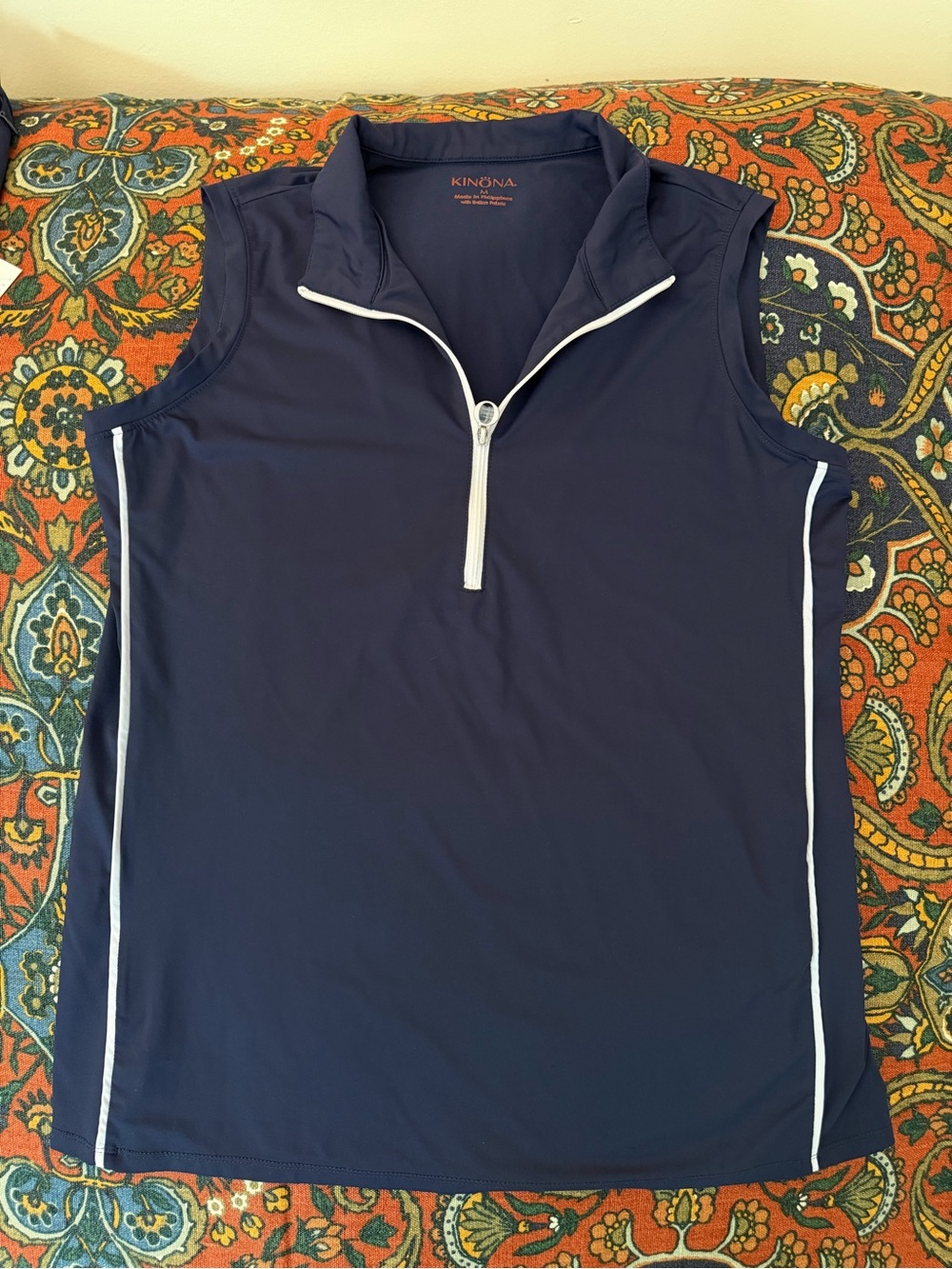 Kinona Navy Sleeveless Activewear top w/White Zip & Piping UPF 50+ 4way stretch